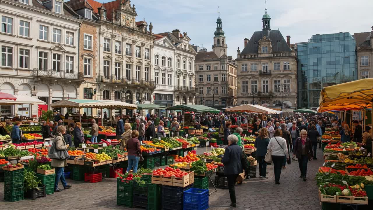 Vibrant Market Scene: A Bustling Open-Air Market Filled with Colorful Produce, Crowds of Shoppers, and Historical Architecture in the Background