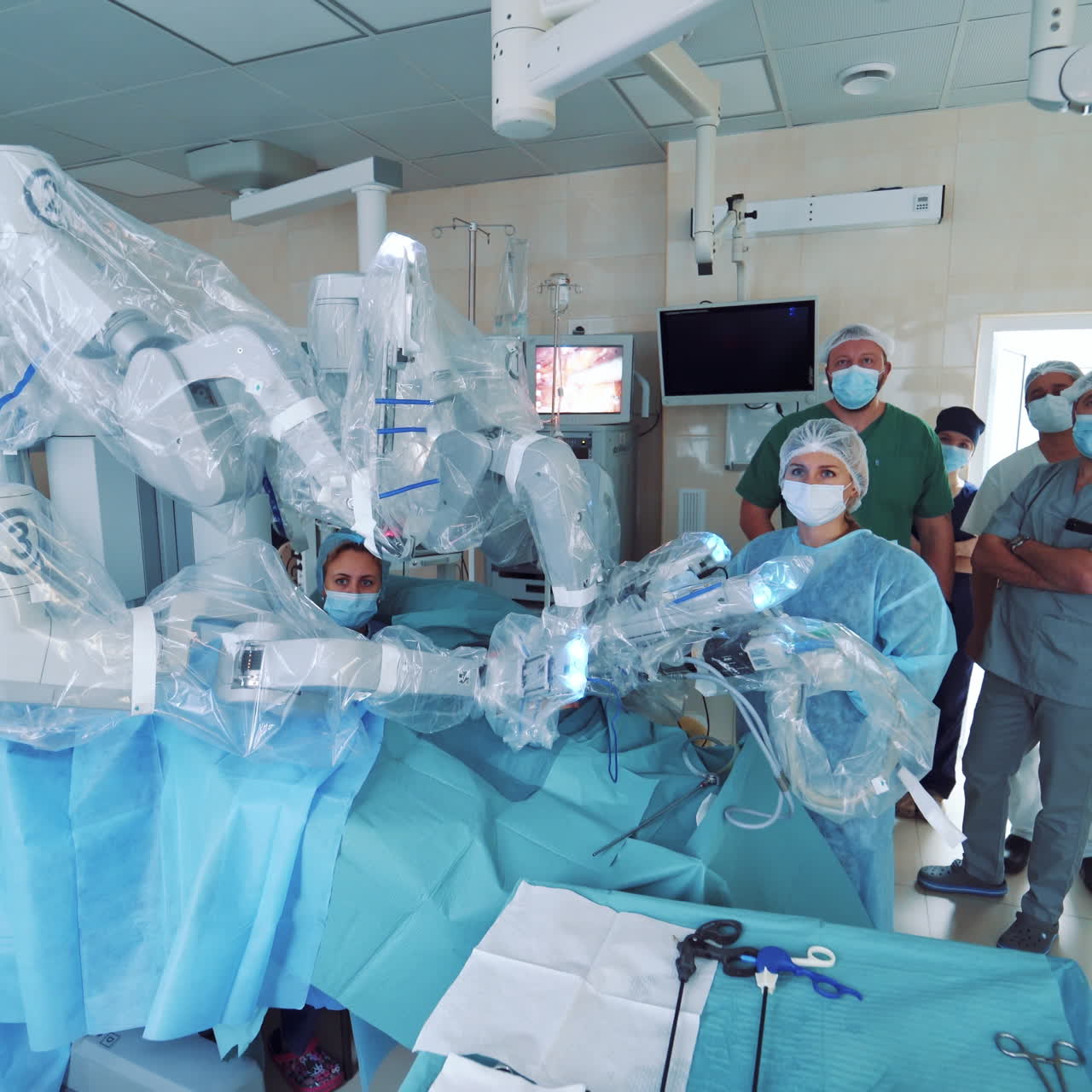 Operating room, medical surgical robot, cancerous tumor removal surgery. Robotic surgery. Future of Medicine