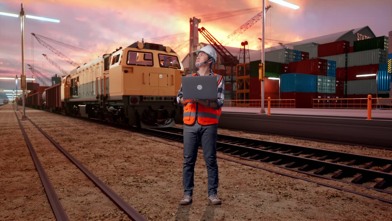 Full Body Of Asian Male Engineer With Safety Helmet Working On A Laptop And Looking Around While Standing With Freight Cargo Train At Port