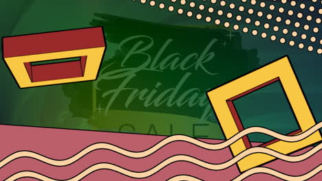 animation of colorful shapes over black friday sale text on green background