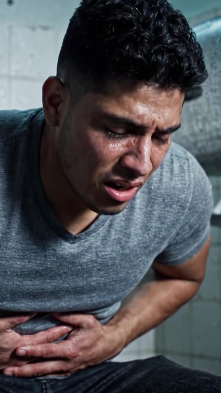 A Distressing Moment: A Young Man Experiencing Intense Pain While Suffering from Abdominal Discomfort in a Bathroom Setting