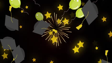 Animation-of-balloons-flying-and-graduation-hats-over-stars-on-background