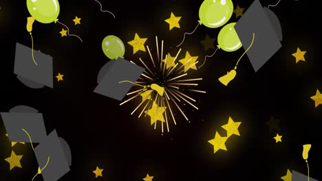 animation of balloons flying and graduation hats over stars on background