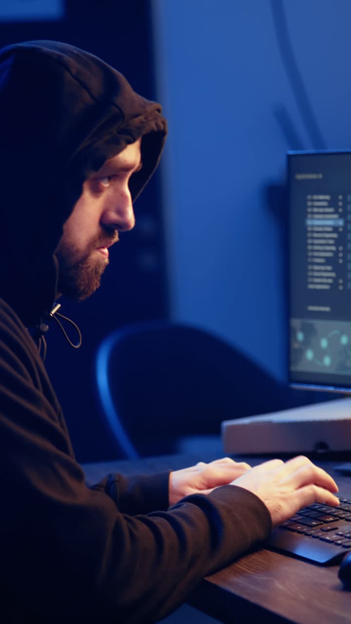 Vertical video Hacker using computer to target vulnerable unpatched connections