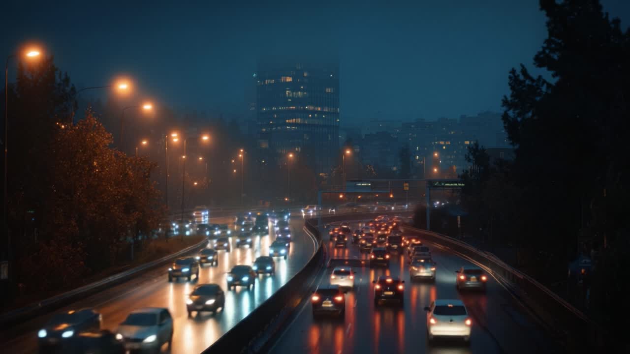 Nattrafik på motorvejen bevæger sig under gadelygter. Biler lyser med for- og baglygter. Regnvåd vej reflekterer byens lys. Høje bygninger rejser sig i baggrunden. Træer langs vejkanterne.