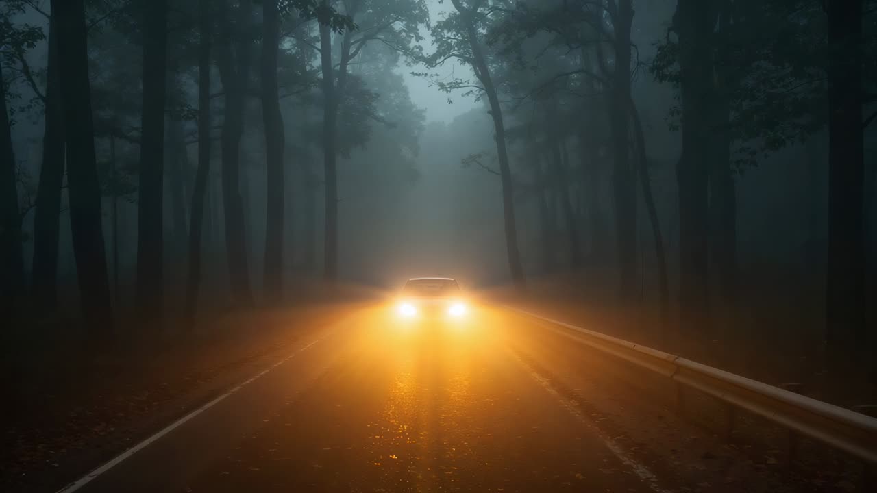 Headlights appearing, white passenger car approaching on foggy forest road, heading through mist