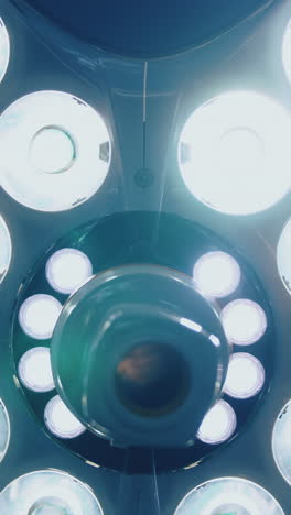 bright medical lightning from the ceiling in clinic. medical lamp lights in the operating room. close-up. view from below. vertical video