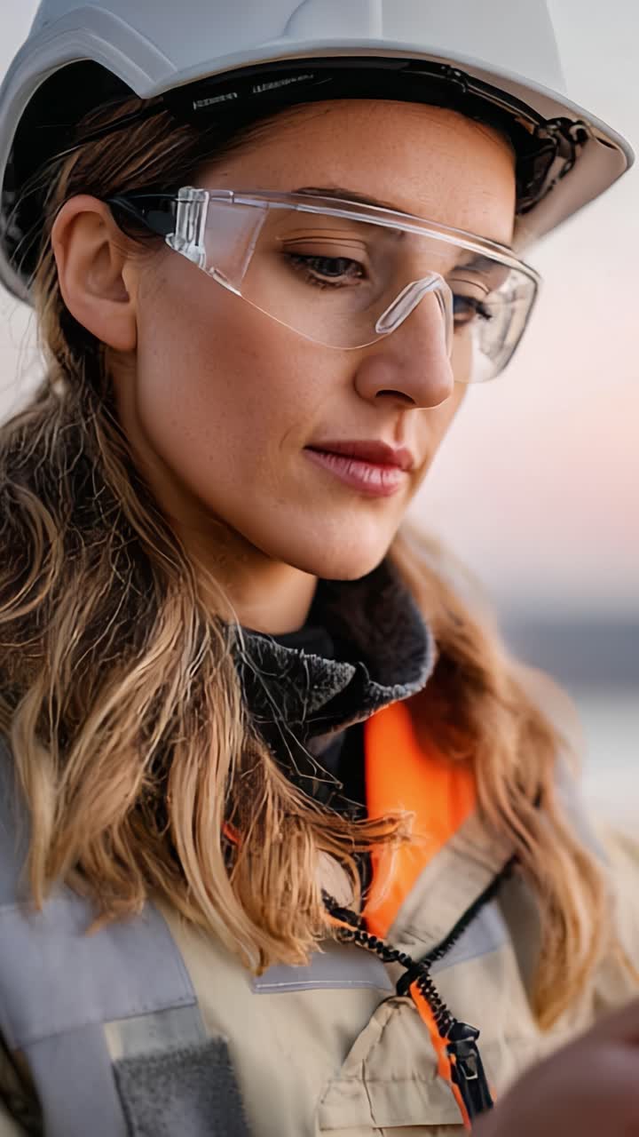 Focused Engineer in Safety Gear: A Close-Up of a Woman Wearing a Helmet and Protective Eyewear, Engaged in Important Work at Twilight with a Professional Demeanor