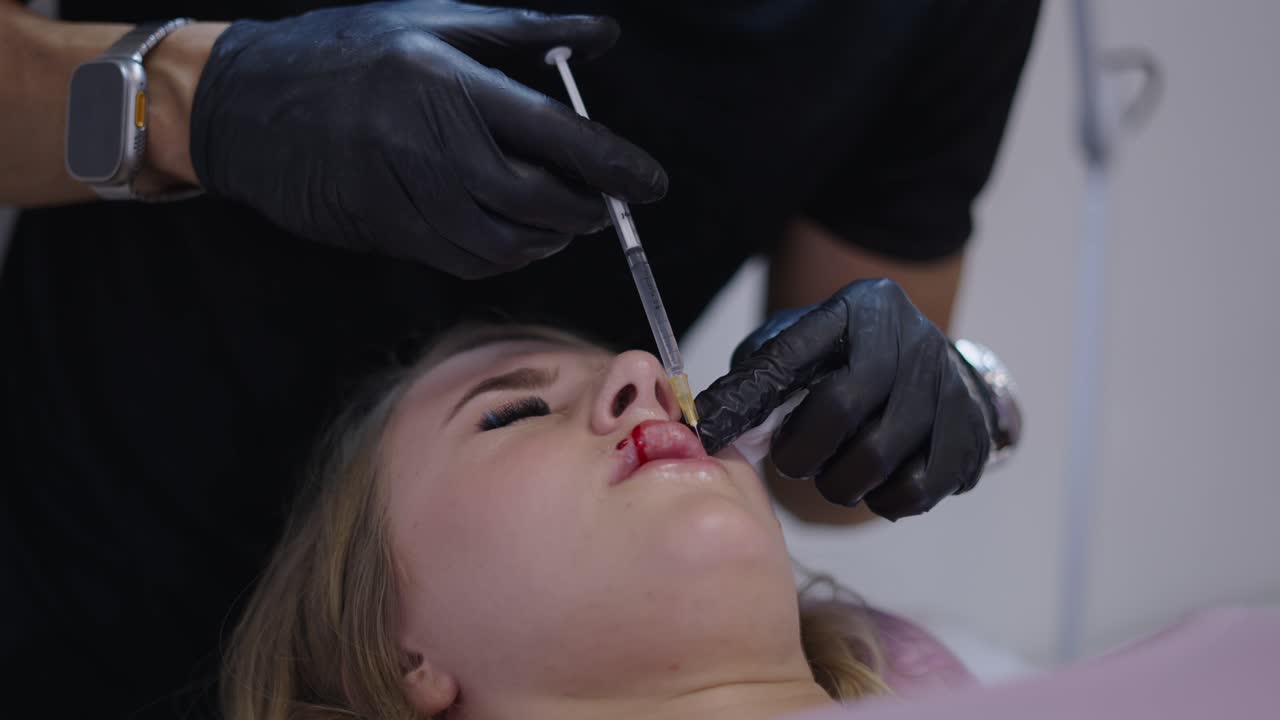Kvinde modtager kosmetiske filler-injektioner i læber eller næse.