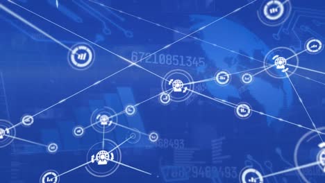 animation of network of digital icons and changing numbers over spinning globe and data processing