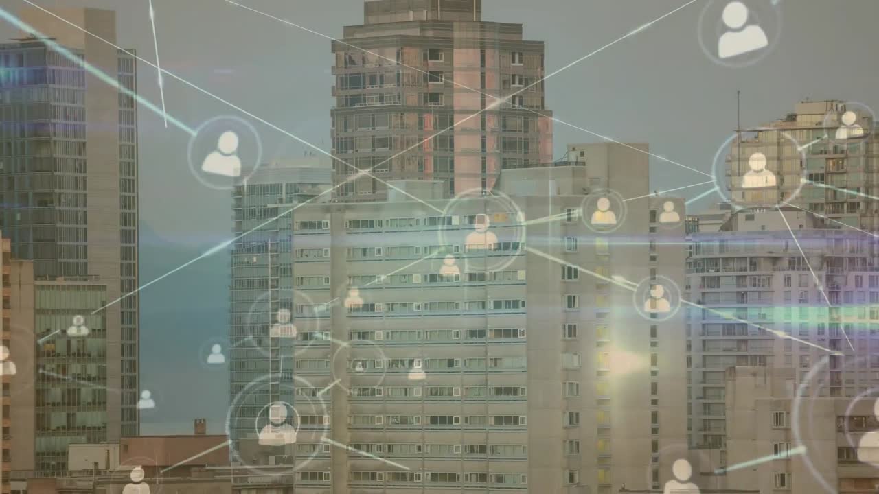 높은 건물의 공중 시야에 대한 프로필 아이콘 네트워크와 파란 빛 트레일의 애니메이션