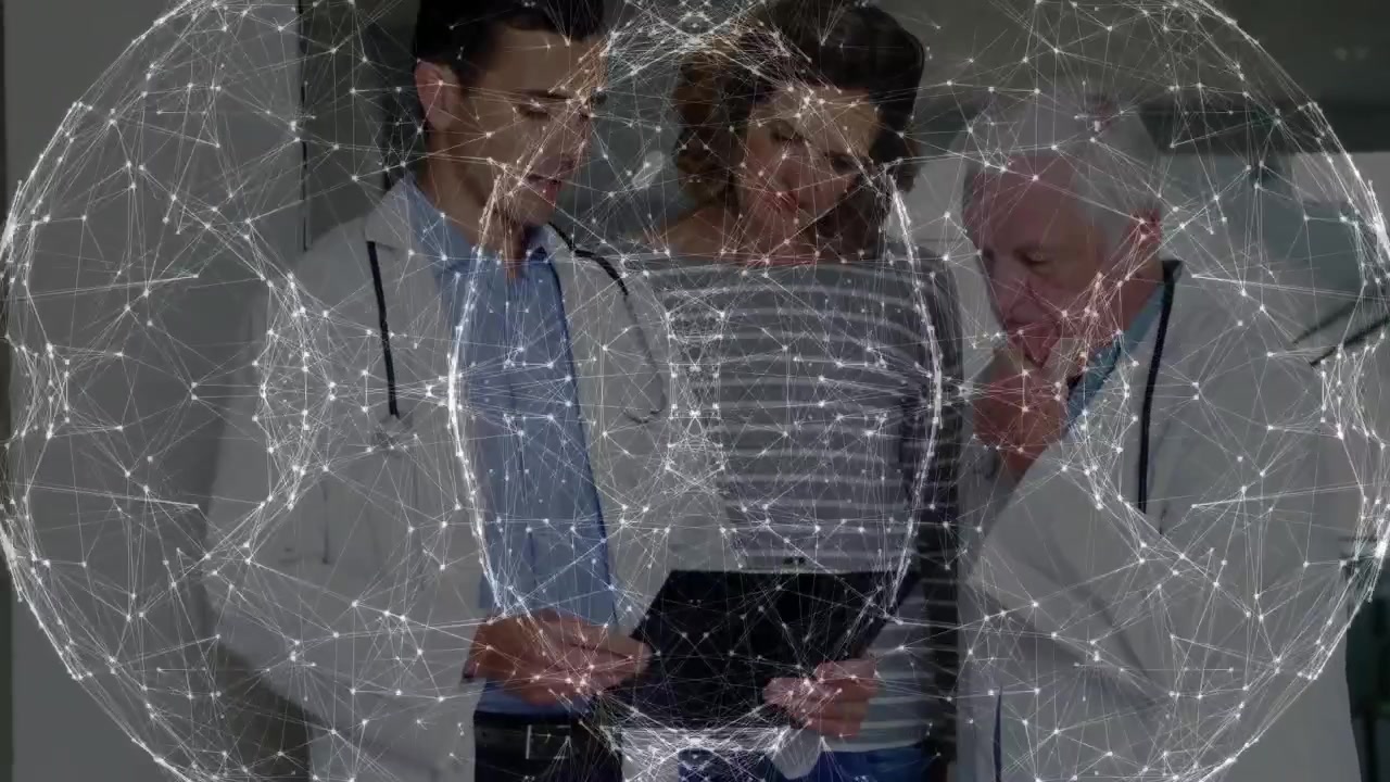 Holo orb appearing then fading over tablet patient junior Dr tapping senior Dr thinking case review