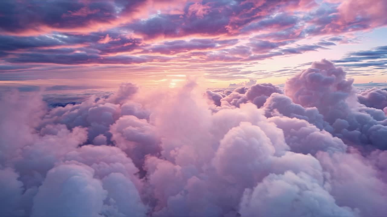 Aerial video captures a dreamy sunset over fluffy clouds, blending pink and purple hues