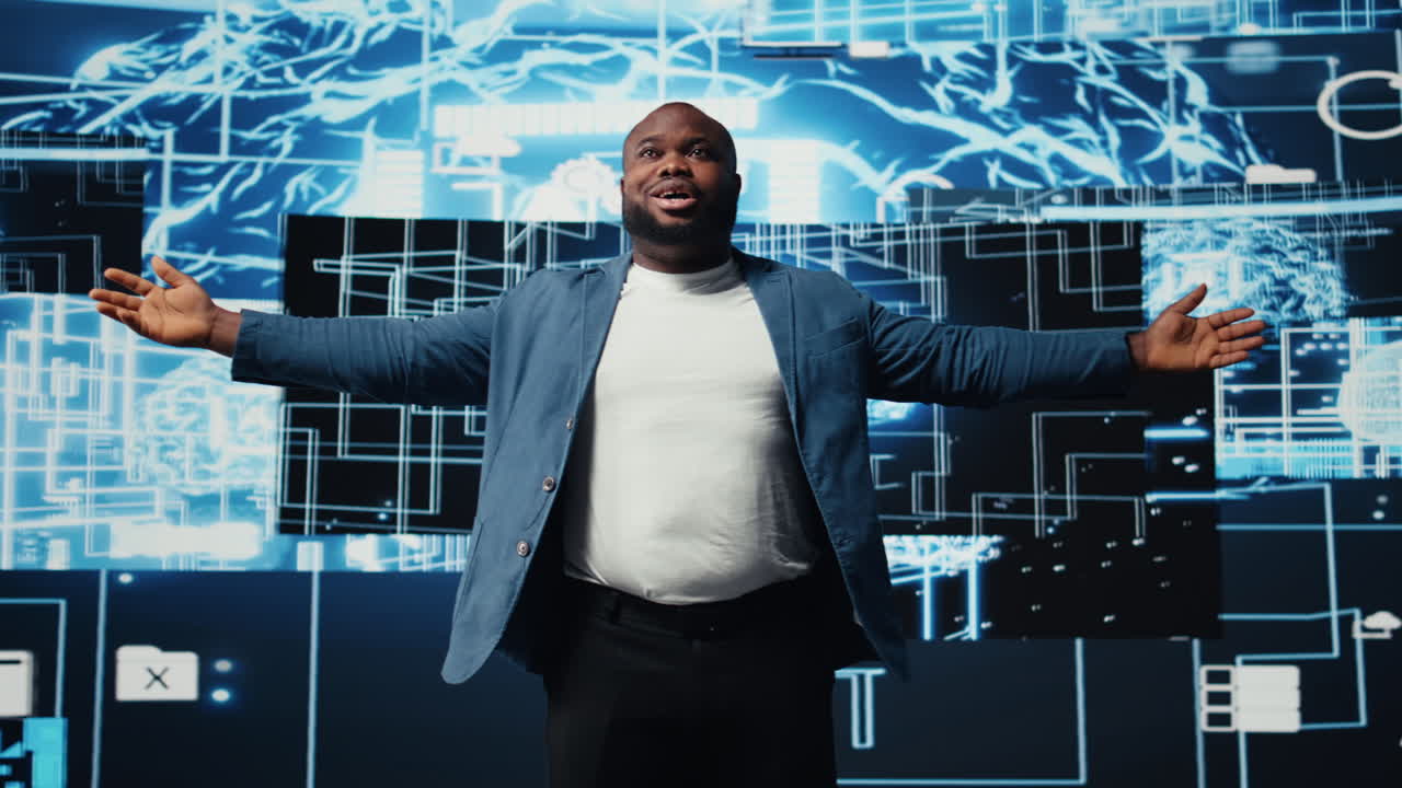 Black IT specialist working in cyberspace and AI brain tools for deep learning