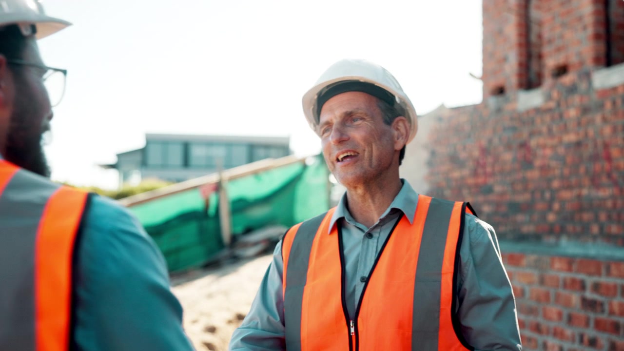 Construction Workers Talking and Hugging at Building Site