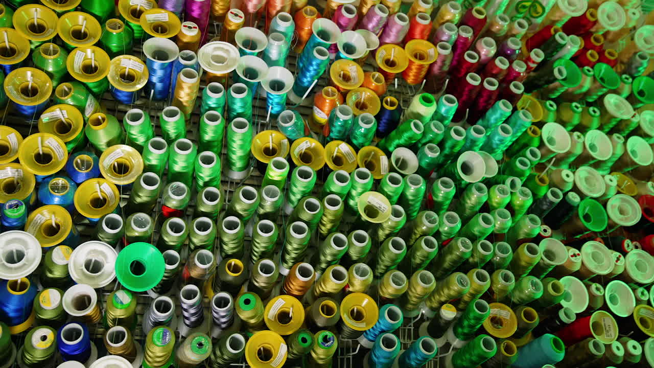 Colorful sewing threads background. Many spools of thread of different colors. Sewing tools. Hobbies and handicrafts.
