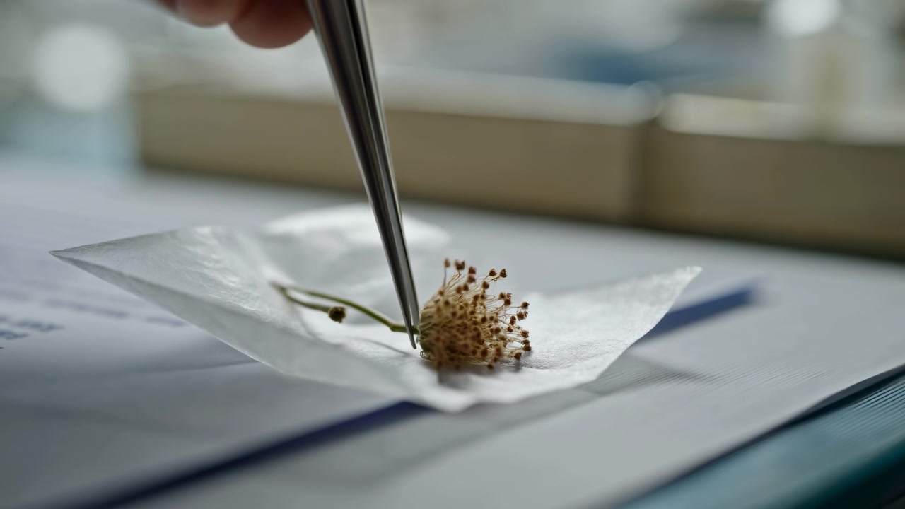 Pincet løfter forsigtigt tørret blomst fra foldet hvidt silkepapir på en glat bordplade, vist i tæt makronærbillede med lav dybdeskarphed, køligt naturligt lys, minimal komposition, delikat tekstur, rent
