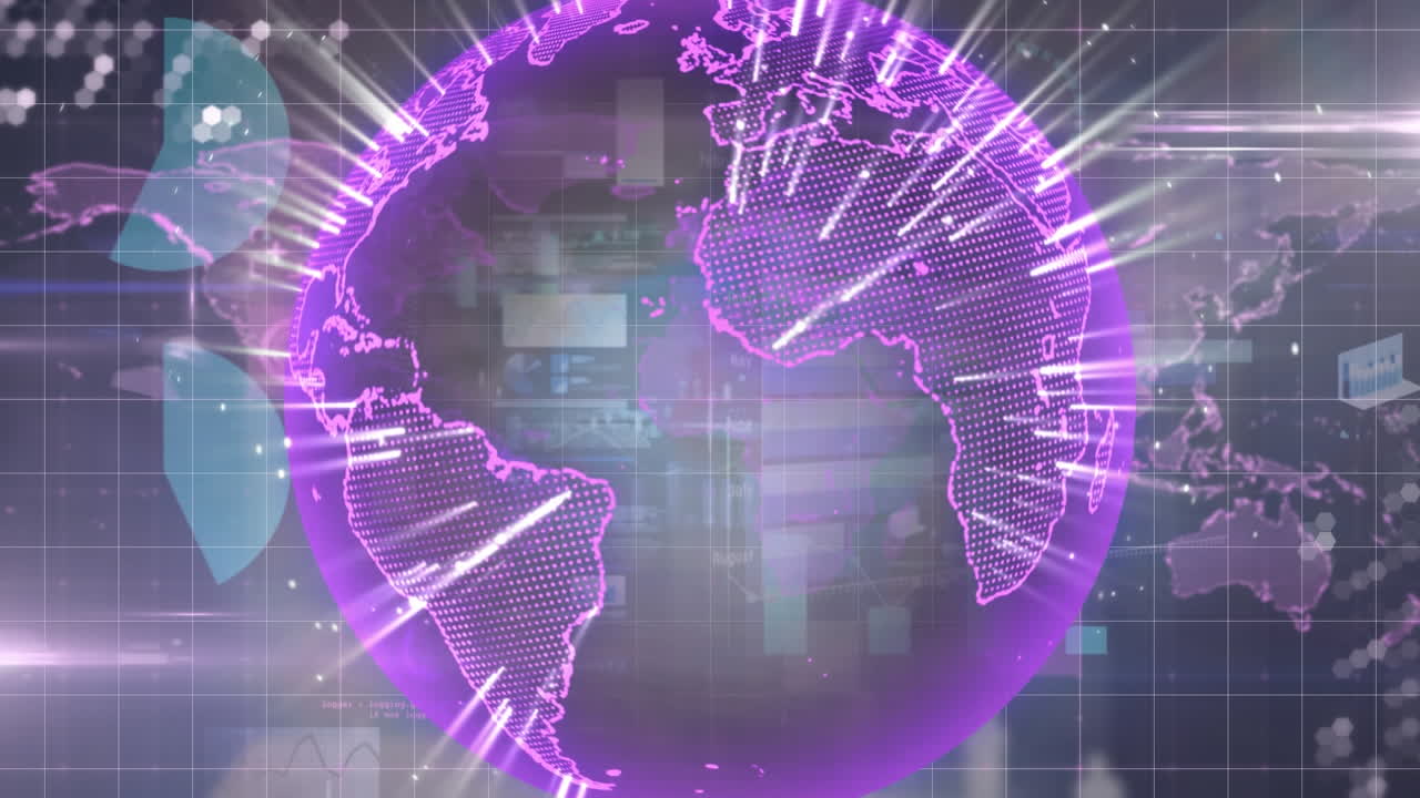 Animation of globe over financial data processing and world map on black background
