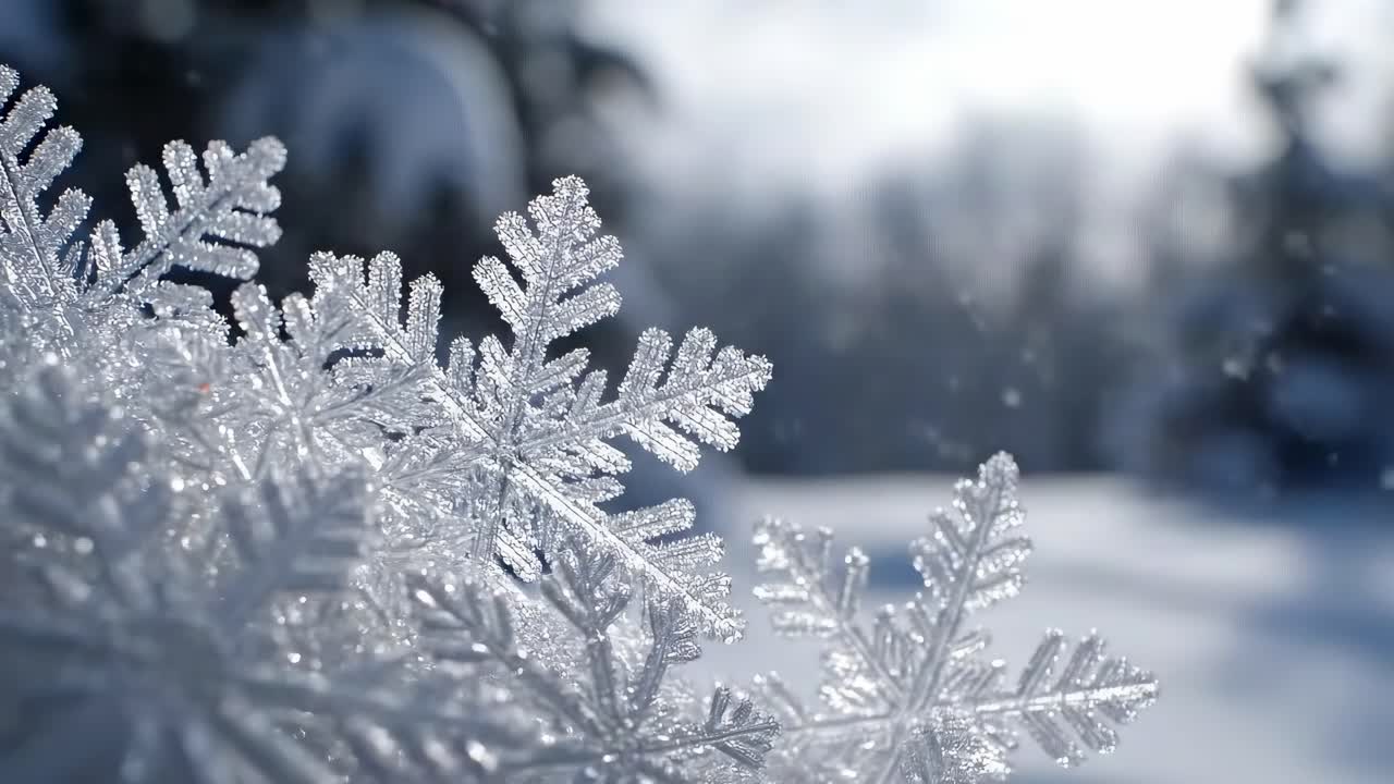 Close-up video of intricate snowflakes in sunlight, capturing winter's beauty from a low angle