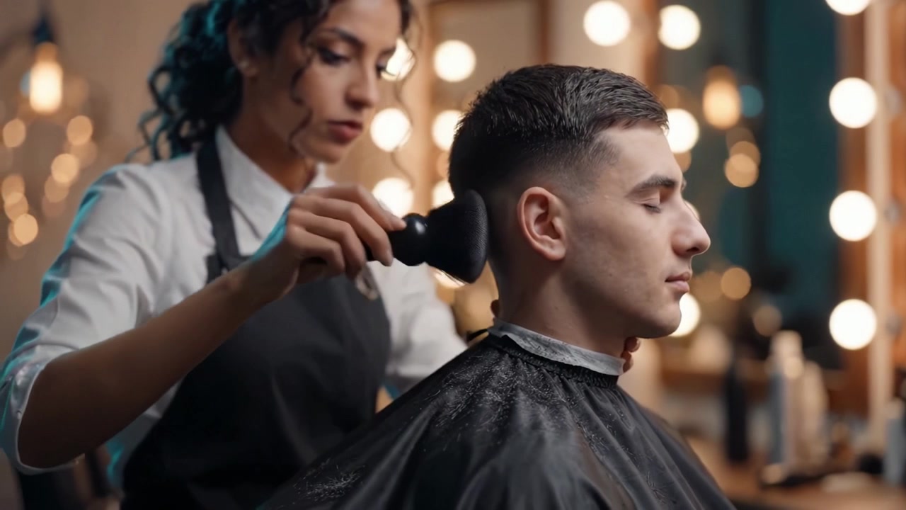 En dygtig barber forvandler en kundes udseende med præcision og omhu i en moderne barbershop, der viser professionelle plejeteknikker og stil
