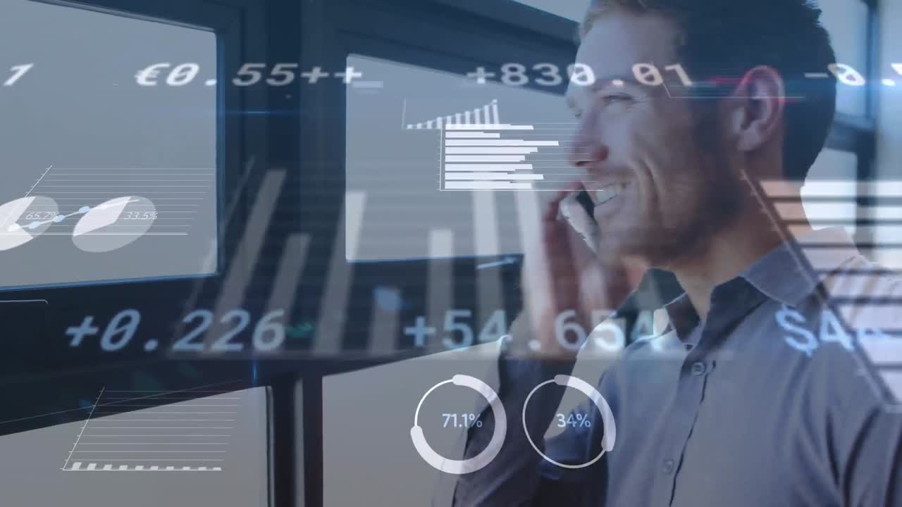 animación del procesamiento de datos financieros sobre un empresario que usa un teléfono inteligente