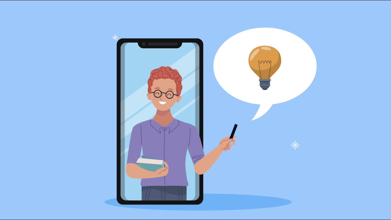 young man in smartphone with speech bubble animation