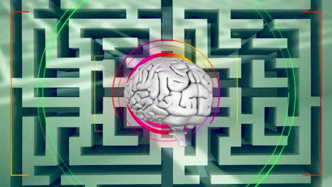 animación del cerebro digital sobre el laberinto y el escaneo de alcance de neón