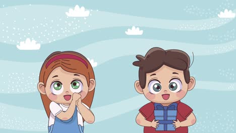 little lovers couple with gift animation