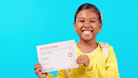 report card, face and girl with success in studio
