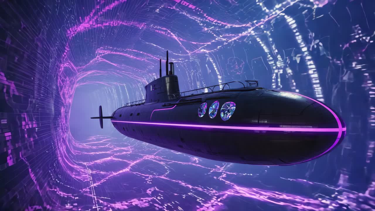 Futuristic Submarine in a Purple Tunnel