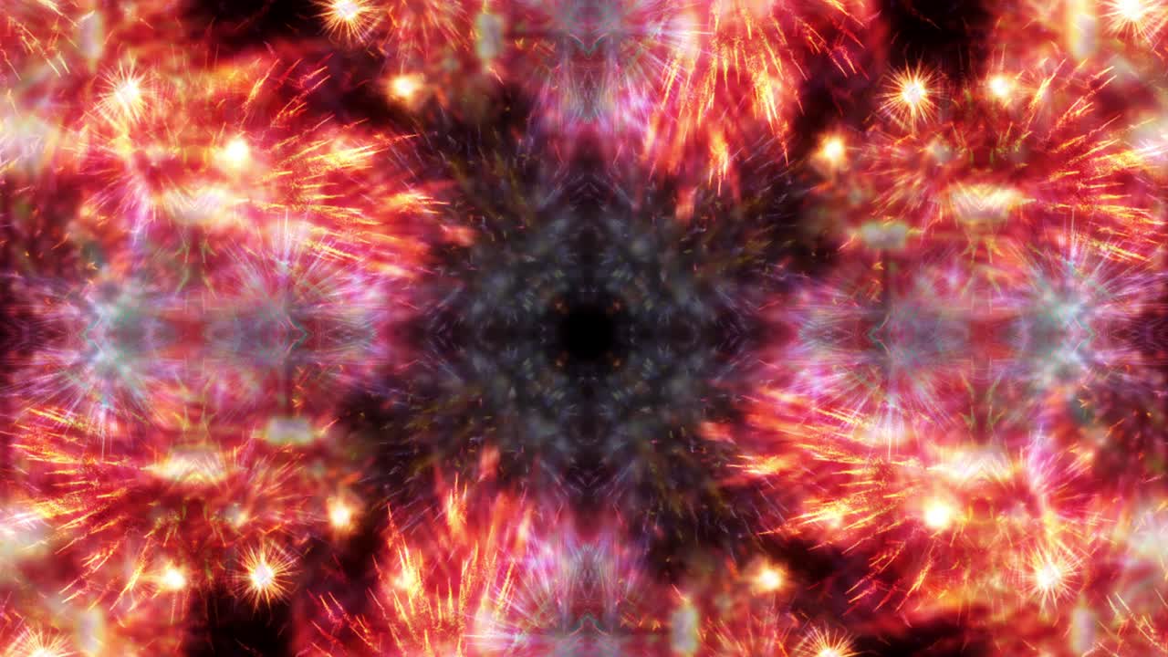 caleidoscopio hipnótico bucles vj. fuegos artificiales explotando en el cielo. bucle psíquico. bucle sin costuras 4k 3d abstracto fuegos artificials explosivos patrón de luz textura de fondo simétrico para bucle vj, intro festivo.