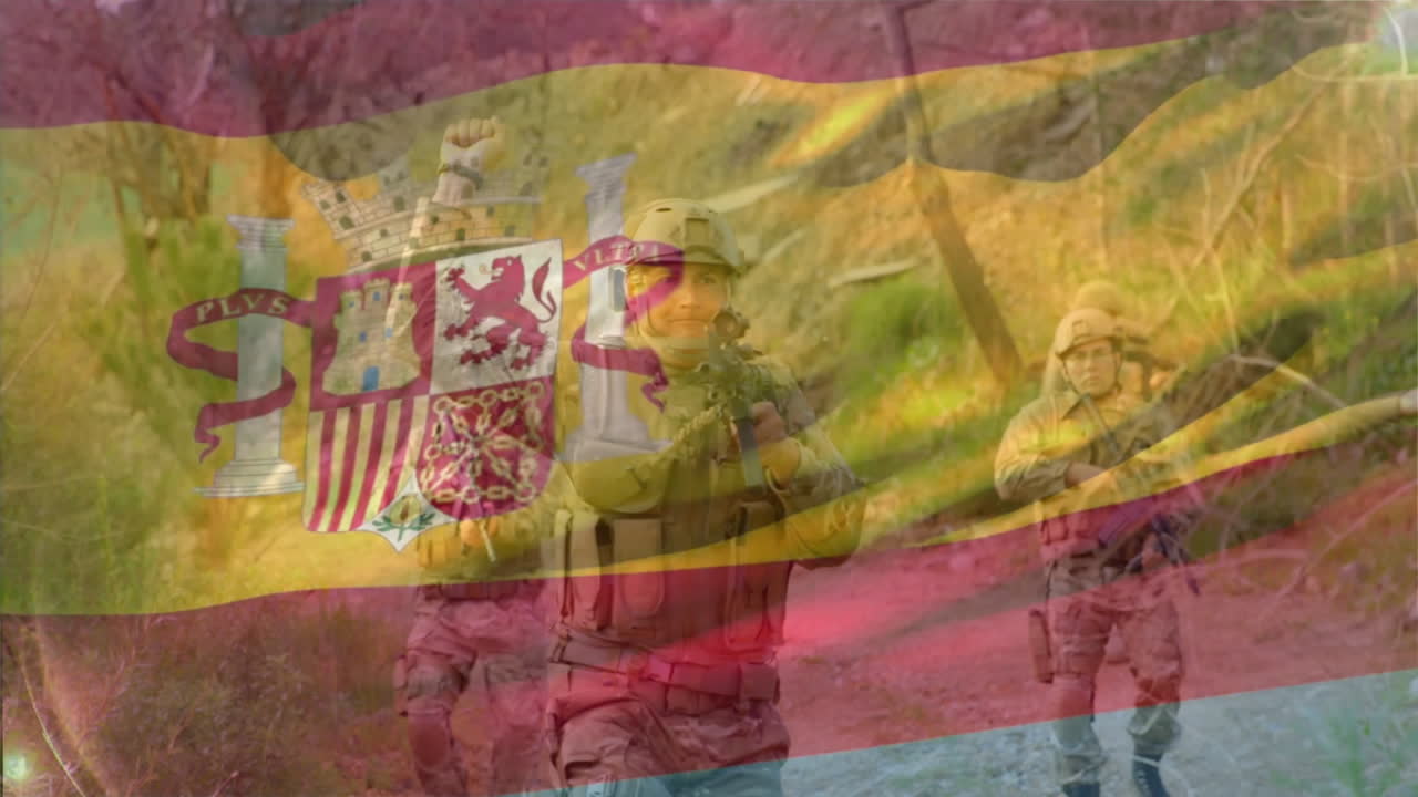 Animaatio Espanjan lipusta eri taustaisten sotilaiden yllä