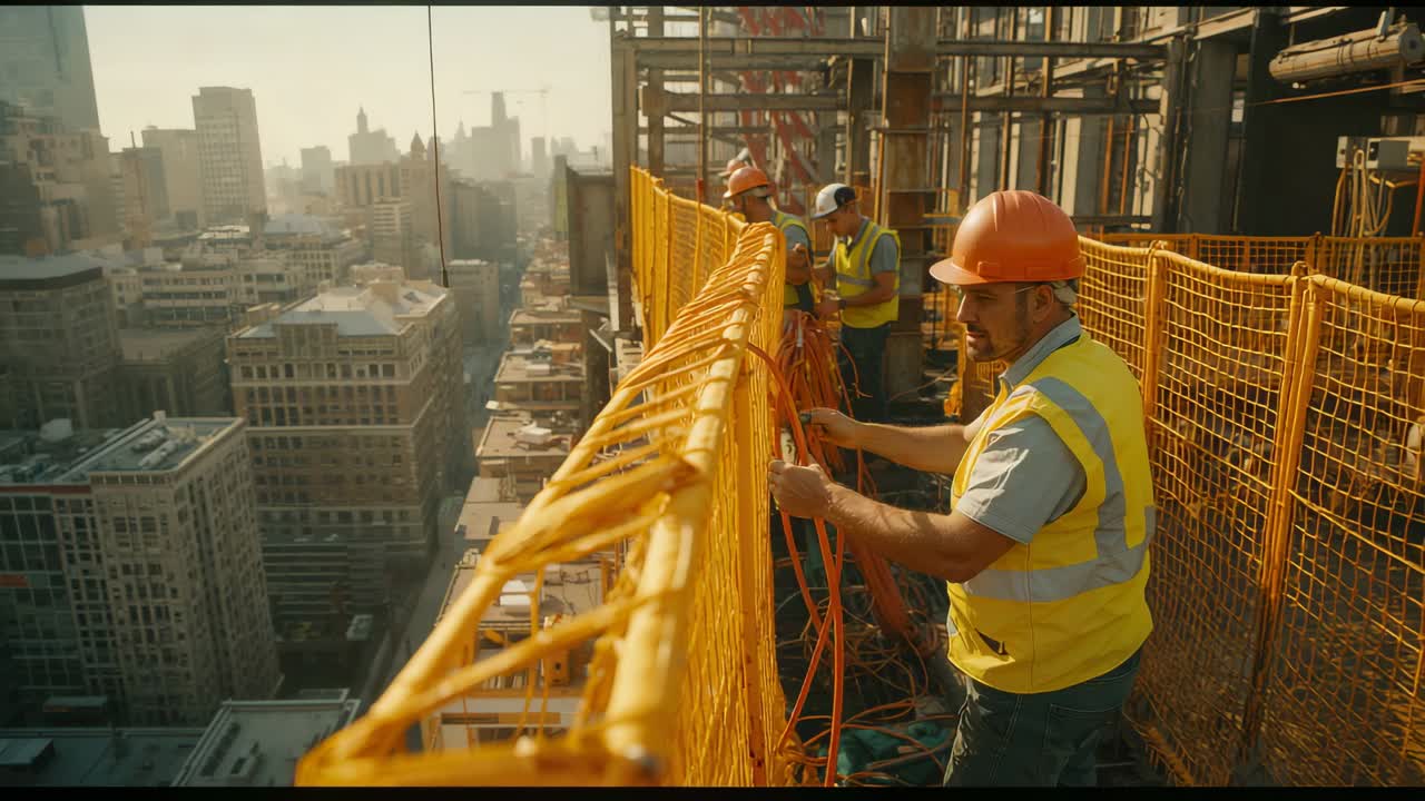Grabbing netting, crew wearing vests tying barrier preventing debris falling on railing, copy space