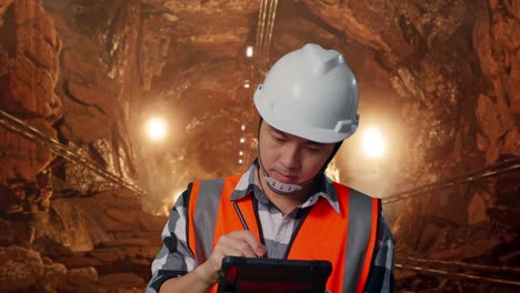 close up of asian male engineer with safety helmet taking note on the tablet and looking around while standing in underground mine tunnel