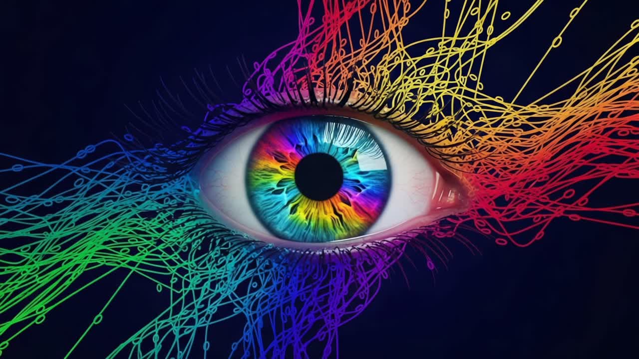 A Vibrant Eye Surrounded by Dynamic Colorful Lines, Symbolizing Creativity and Perception with a Multicolored Spectrum of Emotion and Connectivity