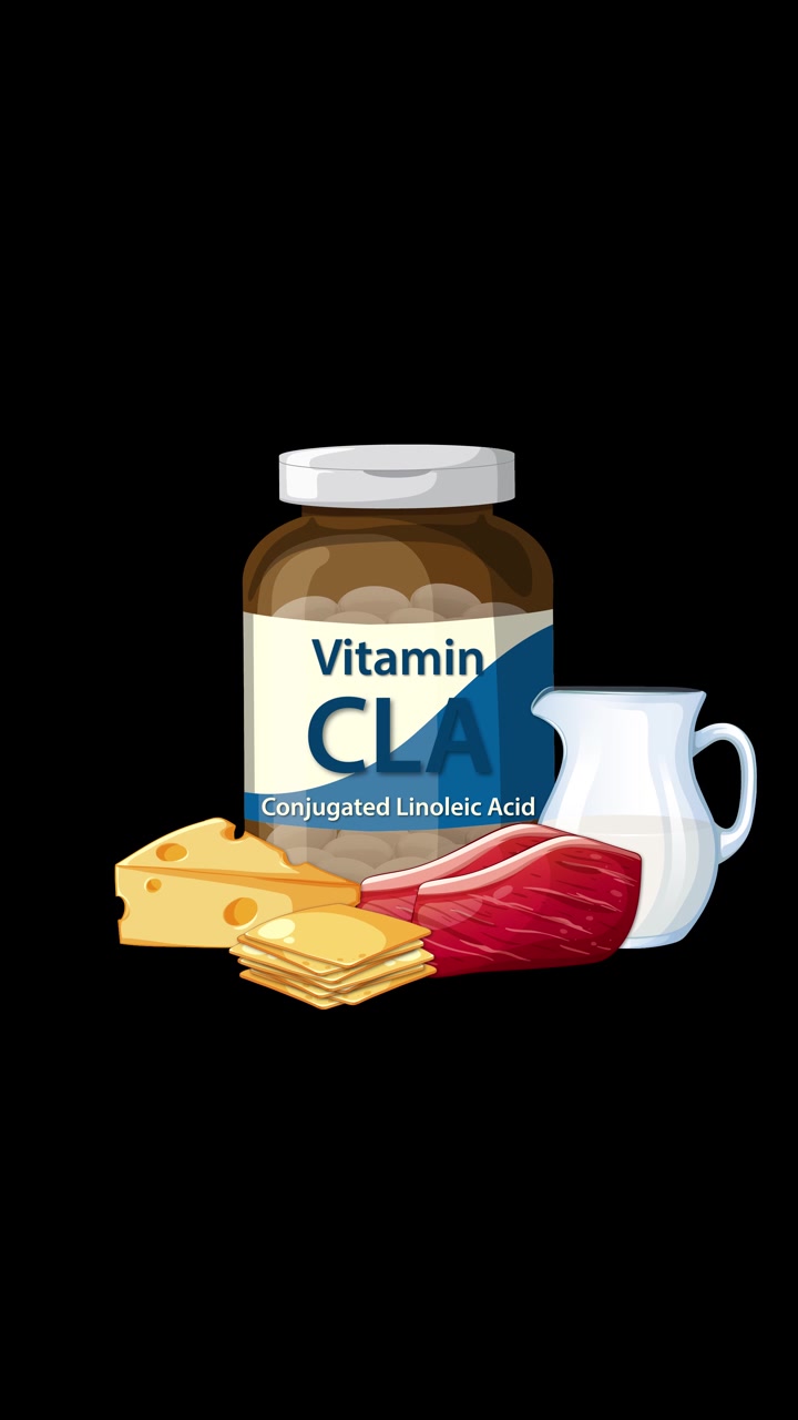 Botol Vitamin CLA dengan ilustrasi keju, daging, dan susu di latar belakang hitam, transisi yang mulus