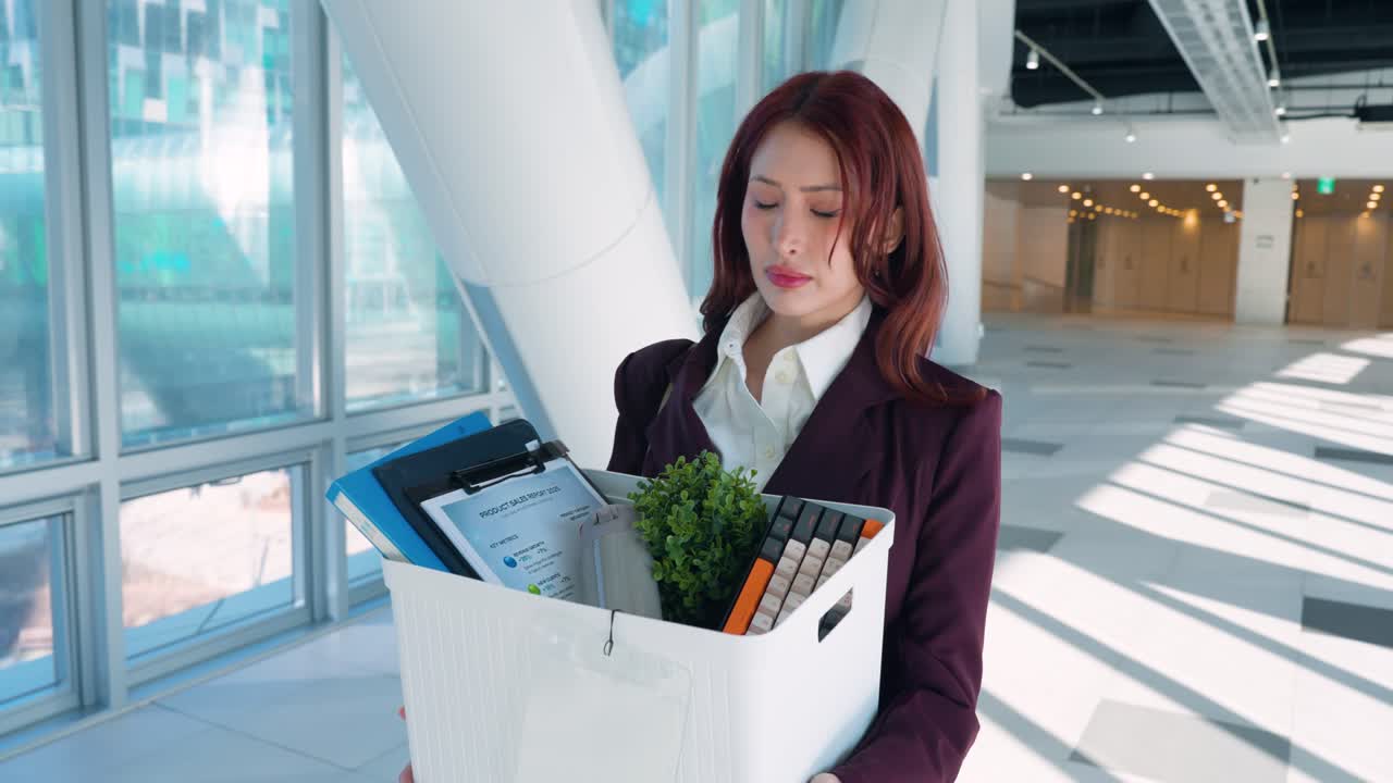 失業後、プラスチック容器に私物を抱えた悲しげな若い女性が空の廊下を歩く。その後、スローモーションのトラッキングショットで、彼女は喜びと安堵の笑みを浮かべる。