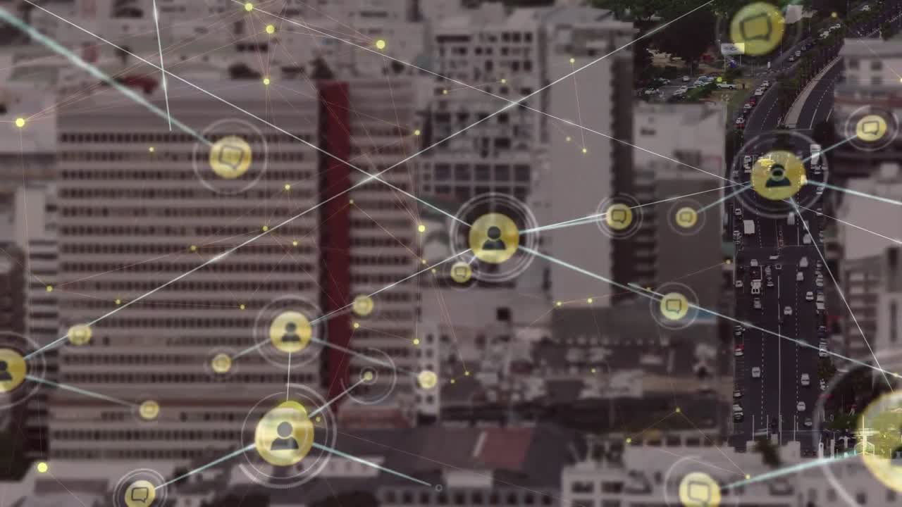 Animazione di rete di connessioni su paesaggio urbano