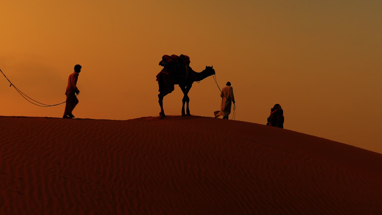 해가 지는 데 낙타 운전자. 해가 지는 데 낙타 운전자. 타르 사막 제이살메르, 라자스탄, 인도.