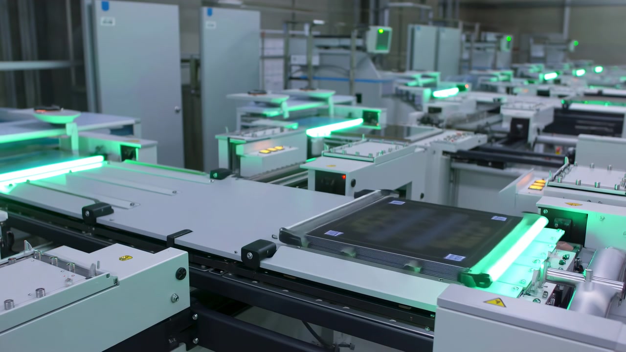 Metal transport platforms carry glowing linear elements through automated equipment, while visible illumination shifts from orange to green across the organized machine line.