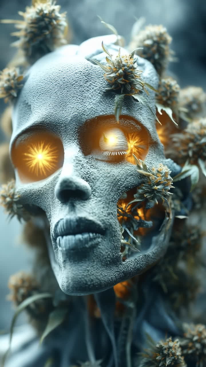 Floral-adorned skull with lights. A bold skull design features vibrant flowers and glowing elements, symbolizing the beauty of life and nature.