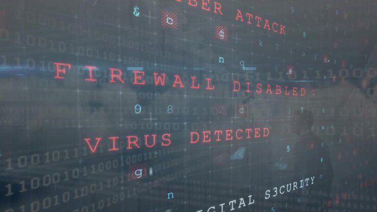 Animation of cyber attack warning over data processing on sky with clouds