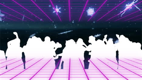 retro-futuristic crowd moving across neon-pink grid floor under neon grid lines overhead