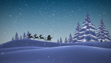 Animation-of-santa-claus-in-sleigh-with-reindeer-passing-over-snow-winter-scenery