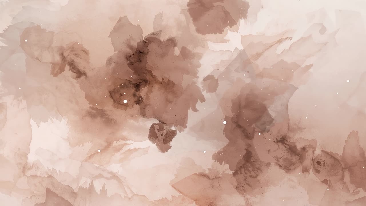 Starting playback, warm brown pigment clouds diffusing on paper, bright flecks creating calm wash