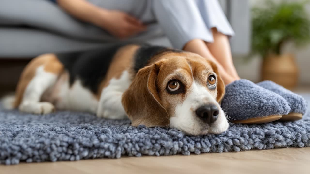 A Cozy Moment: A Relaxed Beagle Dog Resting Comfortably on a Soft Rug Beside a Person, Embracing Calmness in an Inviting Home Environment