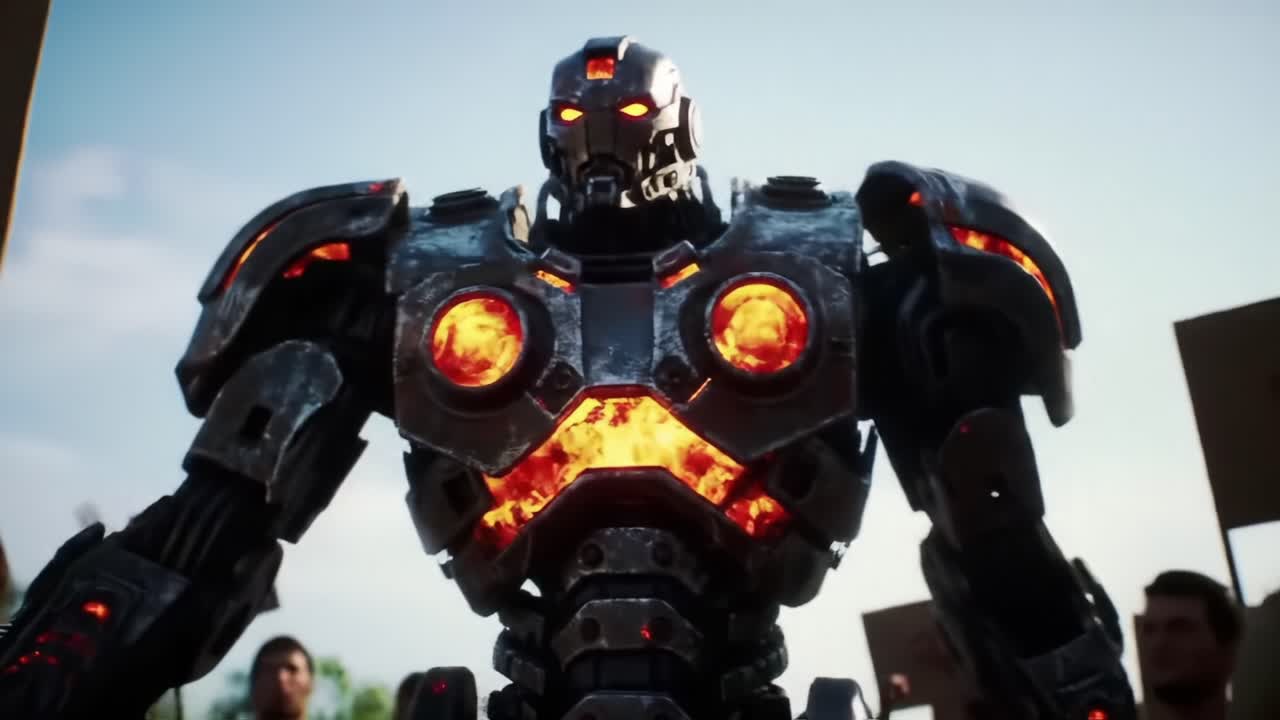 A towering robot stands confidently amid a crowd, showcasing its fiery core and powerful presence, as it commands attention with glowing eyes and a metallic exterior