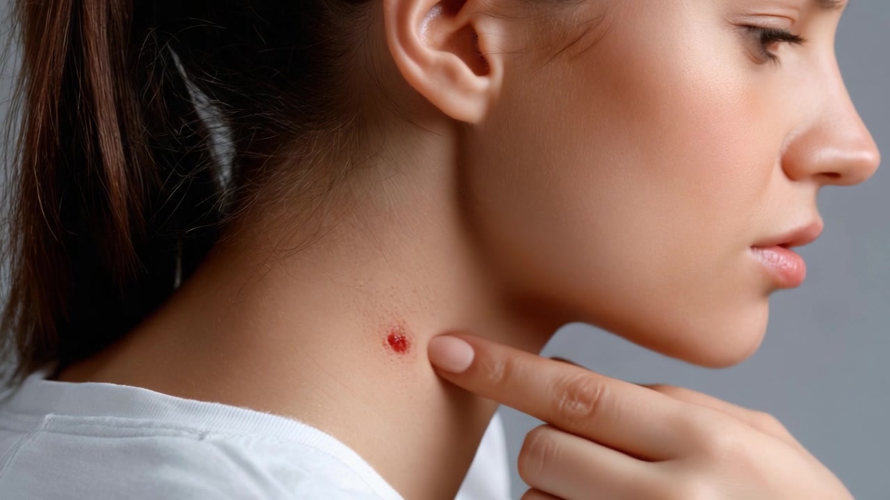 Primo piano di una giovane donna con una piccola lesione cutanea sul collo, evidenziando l'importanza della salute della pelle e la consapevolezza delle condizioni dermatologiche
