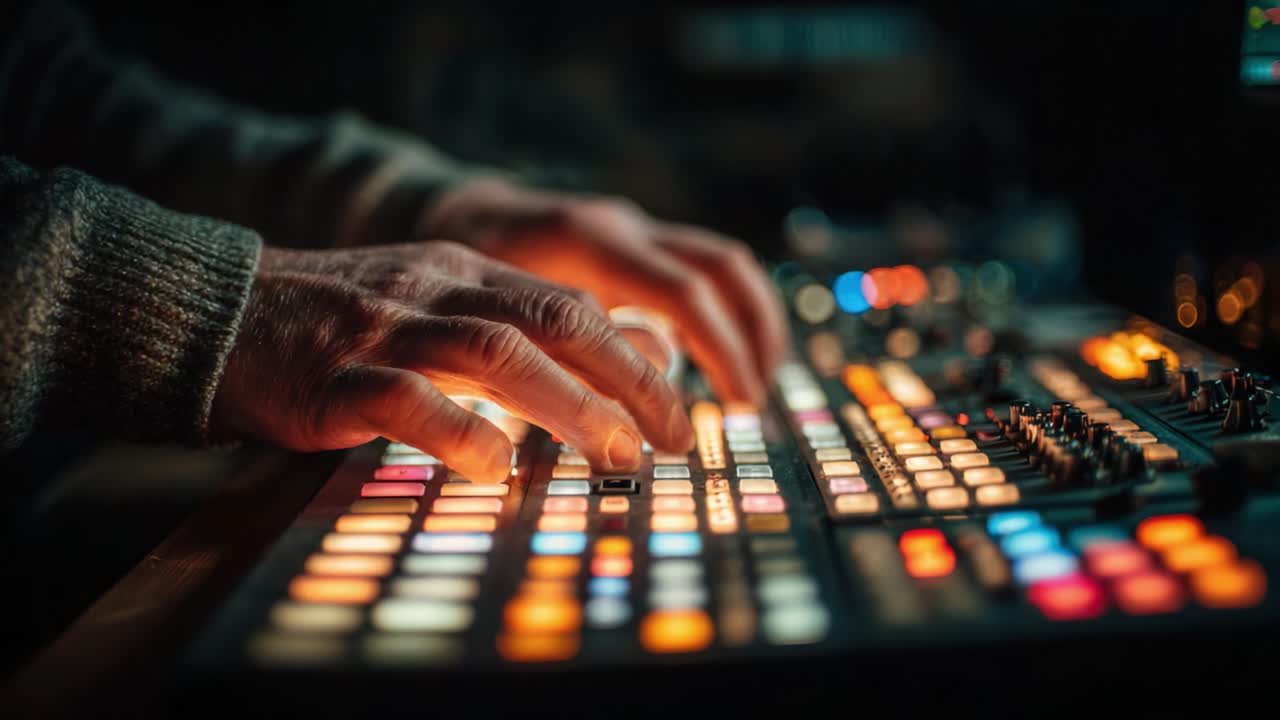 A Close-Up of Hands Skillfully Manipulating a Colorful Control Panel, Illuminating Keypads and Settings for Enhanced Creativity in a Dynamic Environment