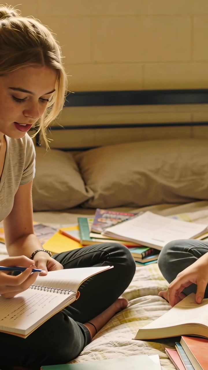 Vertical video: Writing student in gray top pausing for offered page, studying with notebook on bed